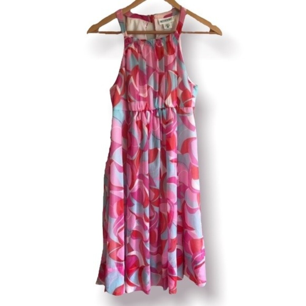 Motherhood Maternity Dress Faux Halter Pink Blue Circle Printed Gender Reveal